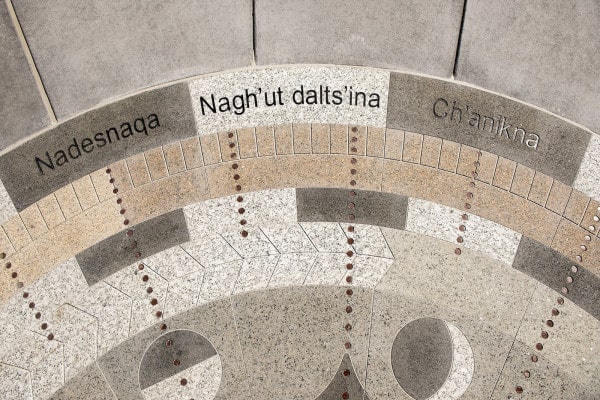 Dena'ina words from the Kenaitze Indian Tribe's Traditional Values Wheel, including "Our Elders," "Our Neighbors," and "Children" are pictured along with lines representing the solar and lunar year, days, weeks, months, tides, seasons and phases of the mo