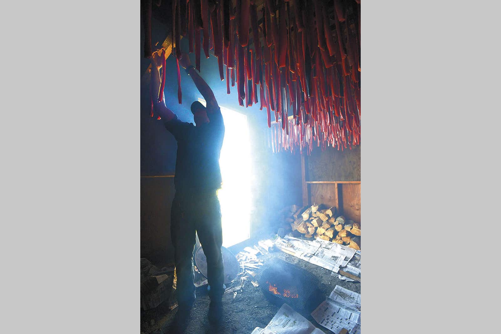 Kaleb Franke hangs salmon strips in the smokehouse at the tribe's waterfront fishery.